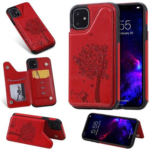 Luxury R61 Tree Cat Magnetic Stand Card Leather Phone Case for iPhone 11 (6.1 inch) - Red