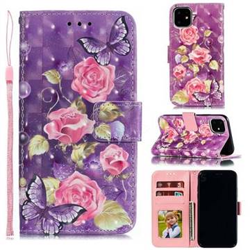 Purple Butterfly Flower 3D Painted Leather Phone Wallet Case for iPhone 11 (6.1 inch)