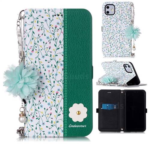 Magnolia Endeavour Florid Pearl Flower Pendant Metal Strap PU Leather Wallet Case for iPhone 11 (6.1 inch)