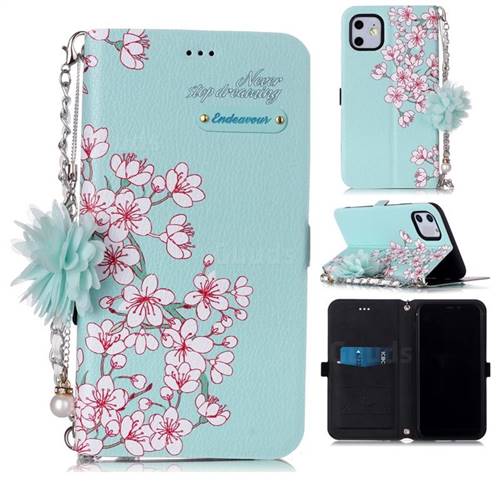Cherry Blossoms Endeavour Florid Pearl Flower Pendant Metal Strap PU Leather Wallet Case for iPhone 11 (6.1 inch)