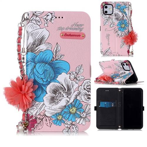 Pink Blue Rose Endeavour Florid Pearl Flower Pendant Metal Strap PU Leather Wallet Case for iPhone 11 (6.1 inch)