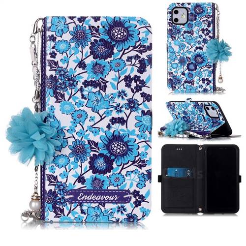 Blue-and-White Endeavour Florid Pearl Flower Pendant Metal Strap PU Leather Wallet Case for iPhone 11 (6.1 inch)