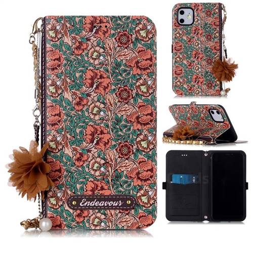 Impatiens Endeavour Florid Pearl Flower Pendant Metal Strap PU Leather Wallet Case for iPhone 11 (6.1 inch)