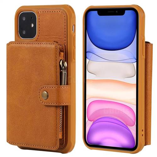 Retro Luxury Multifunction Zipper Leather Phone Back Cover for iPhone 11 (6.1 inch) - Brown