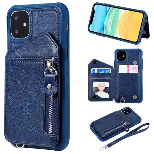 Classic Luxury Buckle Zipper Anti-fall Leather Phone Back Cover for iPhone 11 (6.1 inch) - Blue