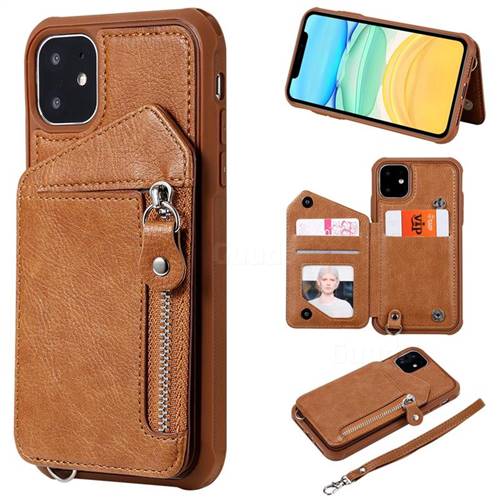 Classic Luxury Buckle Zipper Anti-fall Leather Phone Back Cover for iPhone 11 (6.1 inch) - Brown