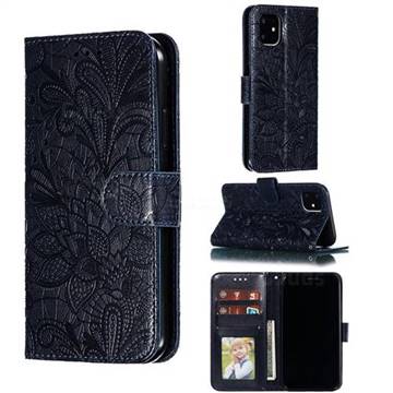 Intricate Embossing Lace Jasmine Flower Leather Wallet Case for iPhone 11 (6.1 inch) - Dark Blue