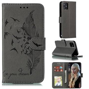 Intricate Embossing Lychee Feather Bird Leather Wallet Case for iPhone 11 (6.1 inch) - Gray
