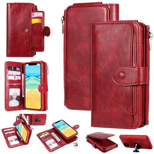 Retro Multifunction Zipper Magnetic Separable Leather Phone Case Cover for iPhone 11 (6.1 inch) - Red