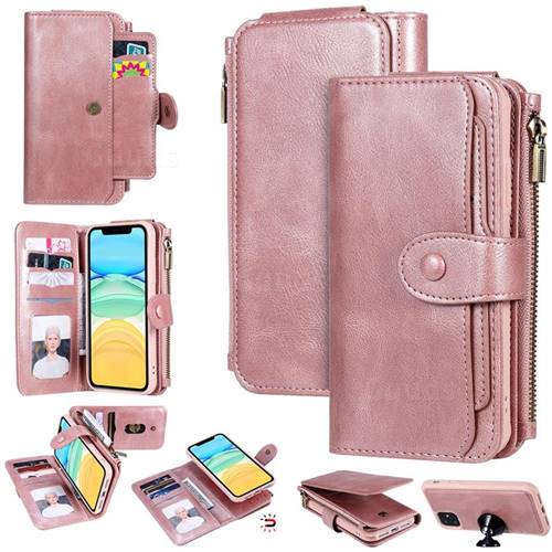 Retro Multifunction Zipper Magnetic Separable Leather Phone Case Cover for iPhone 11 (6.1 inch) - Rose Gold