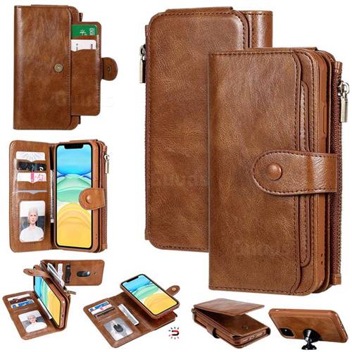 Retro Multifunction Zipper Magnetic Separable Leather Phone Case Cover for iPhone 11 (6.1 inch) - Brown