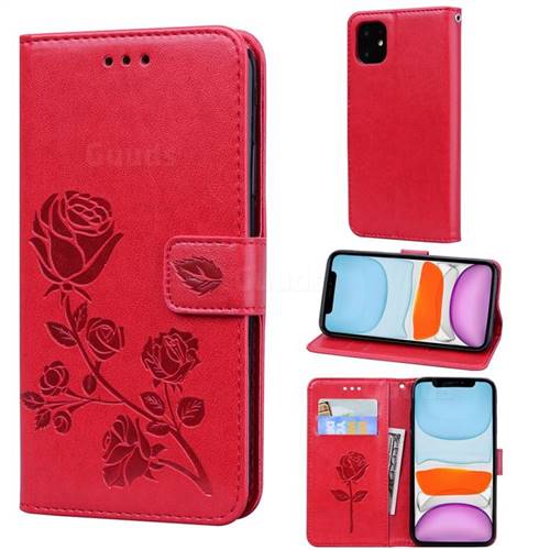 Embossing Rose Flower Leather Wallet Case for iPhone 11 (6.1 inch) - Red