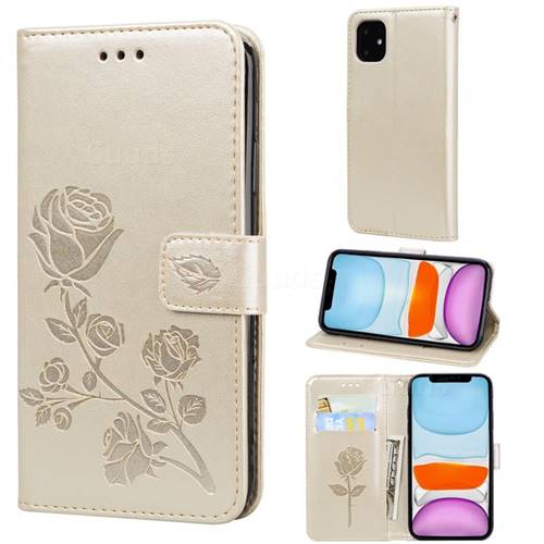 Embossing Rose Flower Leather Wallet Case for iPhone 11 (6.1 inch) - Golden