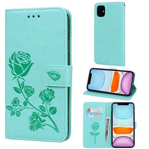 Embossing Rose Flower Leather Wallet Case for iPhone 11 (6.1 inch) - Green