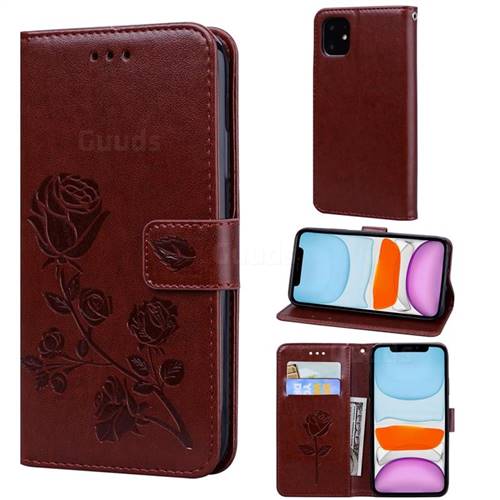 Embossing Rose Flower Leather Wallet Case for iPhone 11 (6.1 inch) - Brown