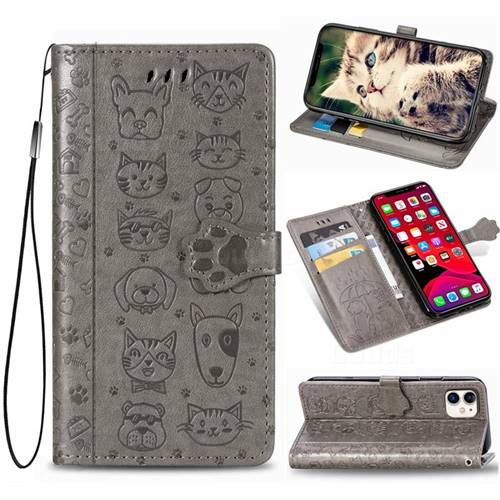 Embossing Dog Paw Kitten and Puppy Leather Wallet Case for iPhone 11 (6.1 inch) - Gray
