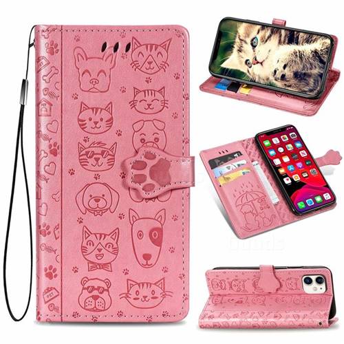 Embossing Dog Paw Kitten and Puppy Leather Wallet Case for iPhone 11 (6.1 inch) - Pink