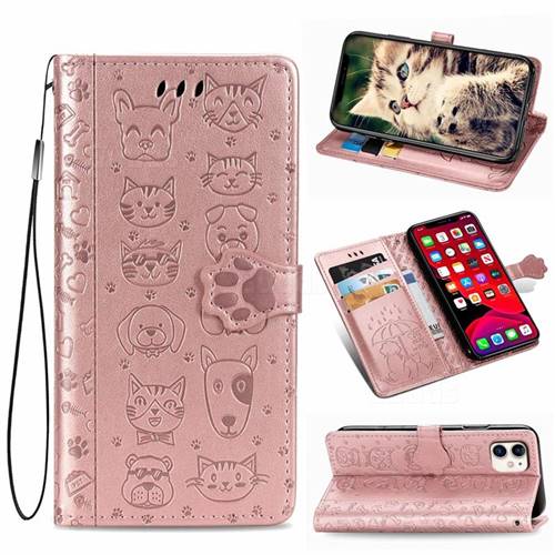 Embossing Dog Paw Kitten and Puppy Leather Wallet Case for iPhone 11 (6.1 inch) - Rose Gold