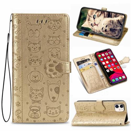 Embossing Dog Paw Kitten and Puppy Leather Wallet Case for iPhone 11 (6.1 inch) - Champagne Gold