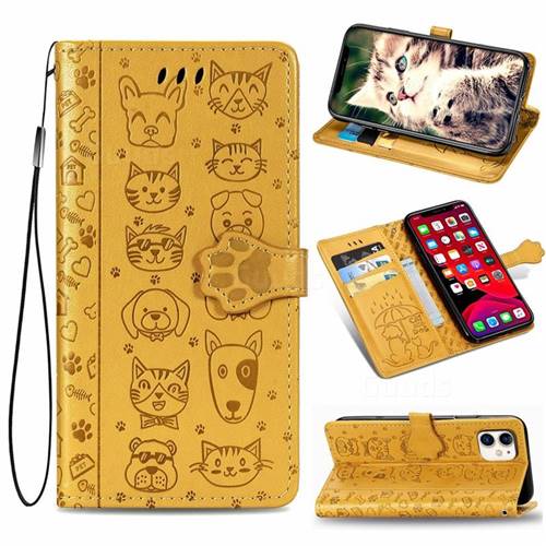 Embossing Dog Paw Kitten and Puppy Leather Wallet Case for iPhone 11 (6.1 inch) - Yellow