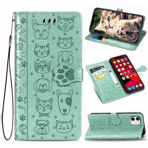 Embossing Dog Paw Kitten and Puppy Leather Wallet Case for iPhone 11 (6.1 inch) - Green