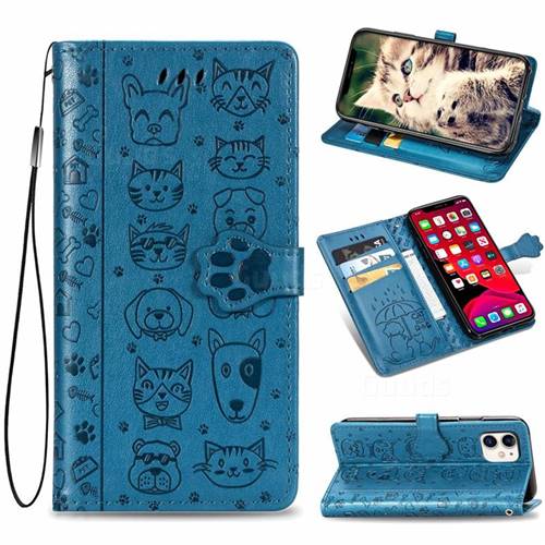 Embossing Dog Paw Kitten and Puppy Leather Wallet Case for iPhone 11 (6.1 inch) - Blue