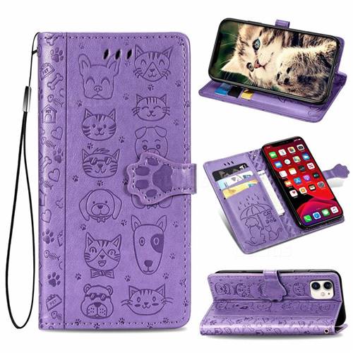 Embossing Dog Paw Kitten and Puppy Leather Wallet Case for iPhone 11 (6.1 inch) - Purple