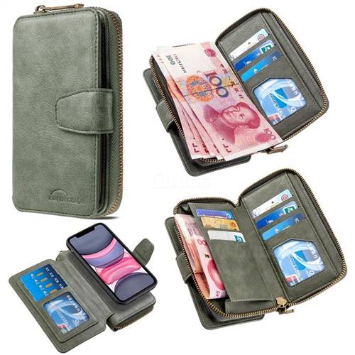 Binfen Color Retro Buckle Zipper Multifunction Leather Phone Wallet for iPhone 11 (6.1 inch) - Celadon