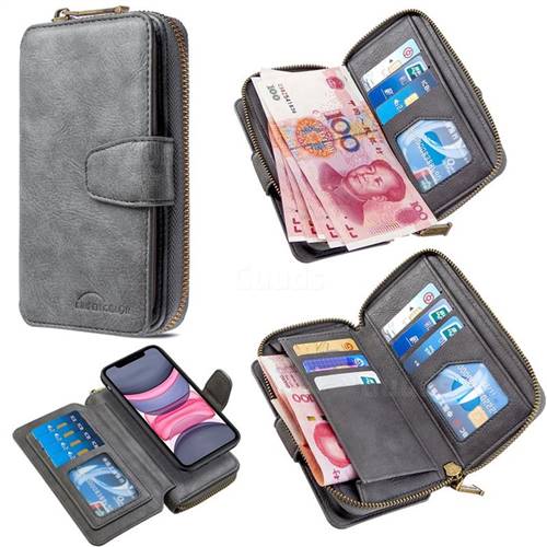 Binfen Color Retro Buckle Zipper Multifunction Leather Phone Wallet for iPhone 11 (6.1 inch) - Gray