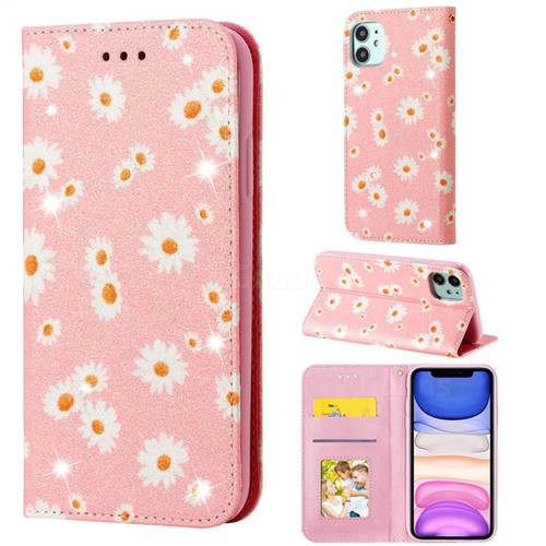 Ultra Slim Daisy Sparkle Glitter Powder Magnetic Leather Wallet Case for iPhone 11 (6.1 inch) - Pink