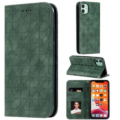 Intricate Embossing Four Leaf Clover Leather Wallet Case for iPhone 11 (6.1 inch) - Blackish Green