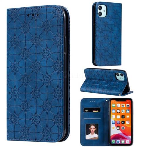 Intricate Embossing Four Leaf Clover Leather Wallet Case for iPhone 11 (6.1 inch) - Dark Blue