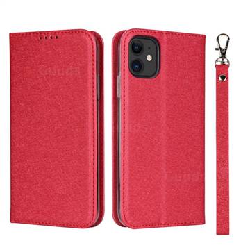 Ultra Slim Magnetic Automatic Suction Silk Lanyard Leather Flip Cover for iPhone 11 (6.1 inch) - Red