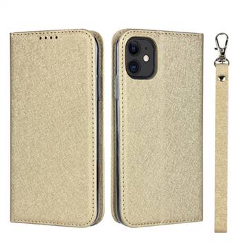 Ultra Slim Magnetic Automatic Suction Silk Lanyard Leather Flip Cover for iPhone 11 (6.1 inch) - Golden