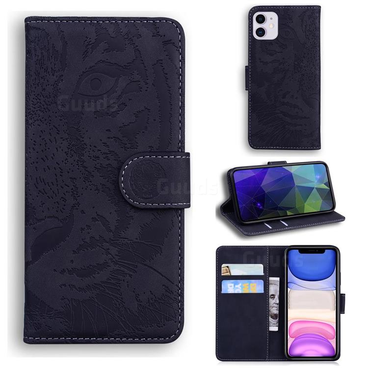 Intricate Embossing Tiger Face Leather Wallet Case for iPhone 11 (6.1 inch) - Black