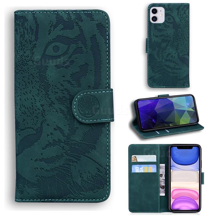 Intricate Embossing Tiger Face Leather Wallet Case for iPhone 11 (6.1 inch) - Green