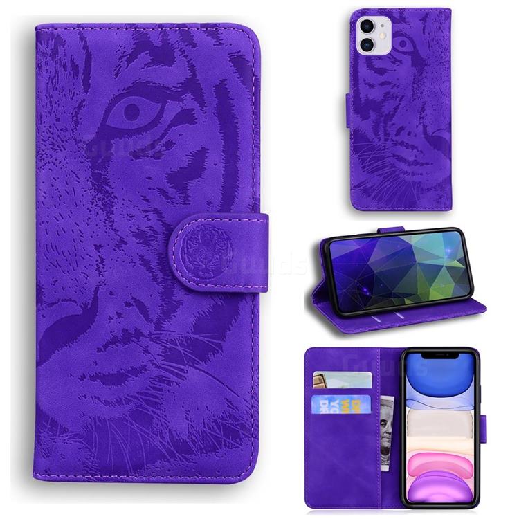 Intricate Embossing Tiger Face Leather Wallet Case for iPhone 11 (6.1 inch) - Purple