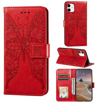 Intricate Embossing Rose Flower Butterfly Leather Wallet Case for iPhone 11 (6.1 inch) - Red