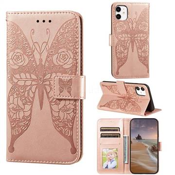 Intricate Embossing Rose Flower Butterfly Leather Wallet Case for iPhone 11 (6.1 inch) - Rose Gold