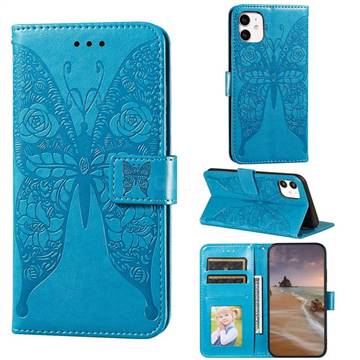 Intricate Embossing Rose Flower Butterfly Leather Wallet Case for iPhone 11 (6.1 inch) - Blue