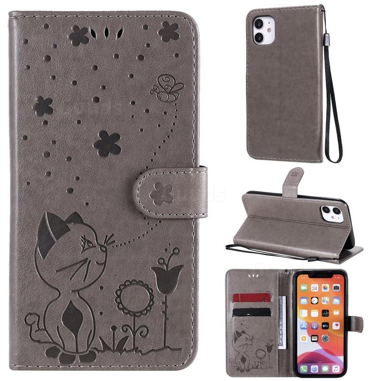 Embossing Bee and Cat Leather Wallet Case for iPhone 11 (6.1 inch) - Gray