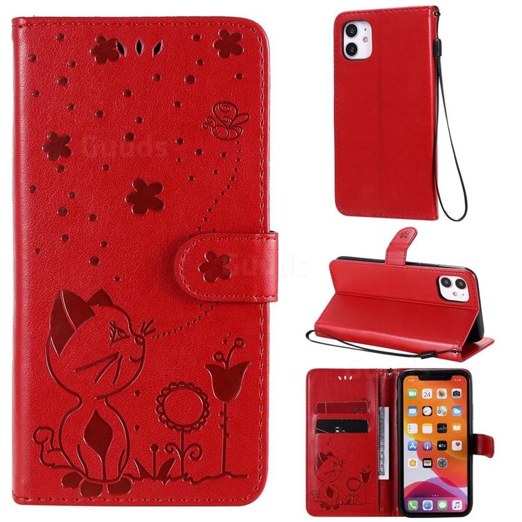 Embossing Bee and Cat Leather Wallet Case for iPhone 11 (6.1 inch) - Red