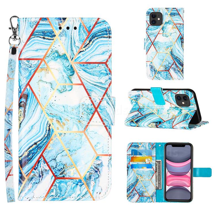 Lake Blue Stitching Color Marble Leather Wallet Case for iPhone 11 (6.1 inch)