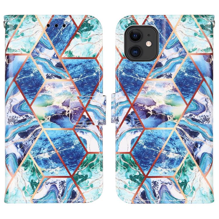 Green and Blue Stitching Color Marble Leather Wallet Case for