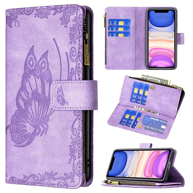 Binfen Color Imprint Vivid Butterfly Buckle Zipper Multi-function Leather Phone Wallet for iPhone 11 (6.1 inch) - Purple