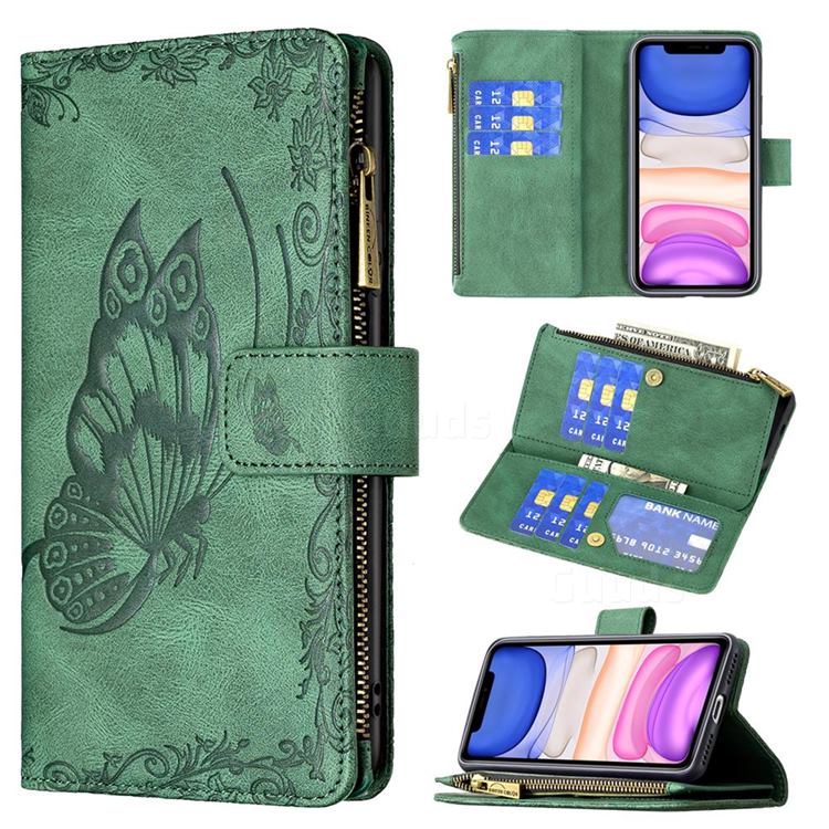 Binfen Color Imprint Vivid Butterfly Buckle Zipper Multi-function Leather Phone Wallet for iPhone 11 (6.1 inch) - Green