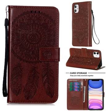 Embossing Dream Catcher Mandala Flower Leather Wallet Case for iPhone 11 (6.1 inch) - Brown