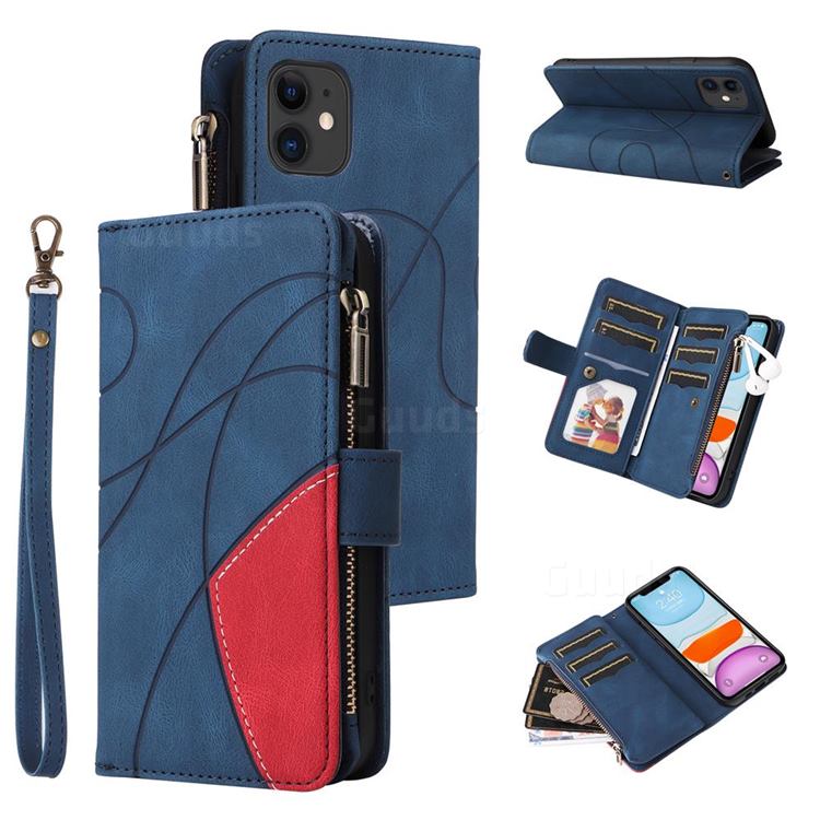 Luxury Two-color Stitching Multi-function Zipper Leather Wallet Case Cover for iPhone 11 (6.1 inch) - Blue