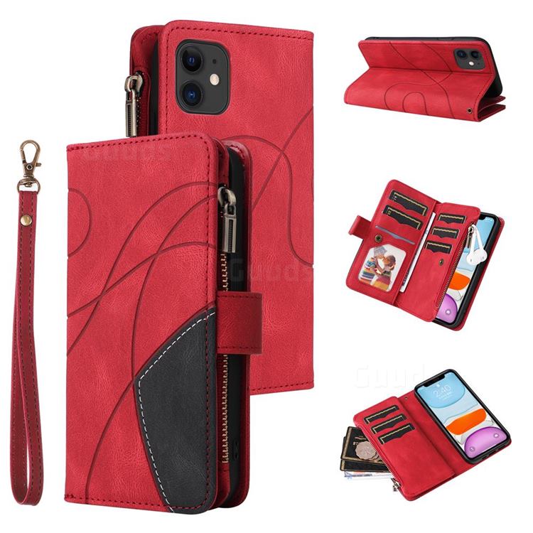 Luxury Two-color Stitching Multi-function Zipper Leather Wallet Case Cover for iPhone 11 (6.1 inch) - Red