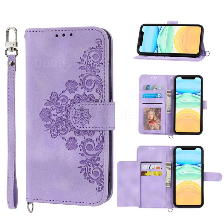 Skin Feel Embossed Lace Flower Multiple Card Slots Leather Wallet Phone Case for iPhone 11 (6.1 inch) - Purple